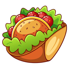 Cute cartoon taco with burger and fresh ingredients