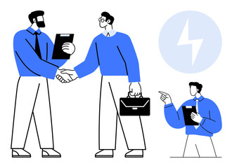Two professionals shaking hands while holding documents and a briefcase, with a third colleague pointing. Ideal for business, teamwork, collaboration, networking, agreement, negotiation, flat simple