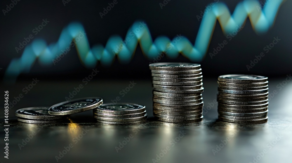 Poster modern design showcasing stacked coins with dynamic interest rate graph representing elegant loan gr