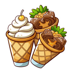 Delicious cartoon ice cream cones with different toppings