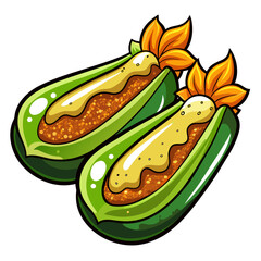 Cartoon stuffed zucchini illustration, cooked, traditional mexican dish