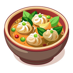 Dumpling Soup with Vegetables in a Brown Bowl
