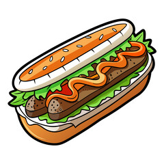 Cartoon hot dog with mustard and lettuce illustration