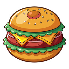 Cartoon burger illustration with fresh ingredients on white background