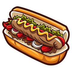 Delicious cartoon hot dog with toppings and mustard
