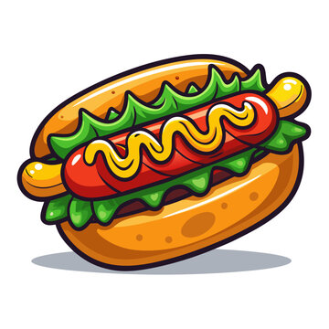recommend clip art: Cartoon Hot Dog with Mustard and Lettuce Illustration