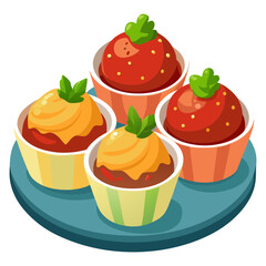 Cute cartoon cupcakes with strawberry and orange toppings