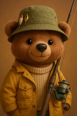Adorable teddy bear dressed as a fisherman, wearing a green bucket hat with lures, a yellow jacket, and holding a fishing rod. Set against a warm brown background with a cozy, whimsical feel.