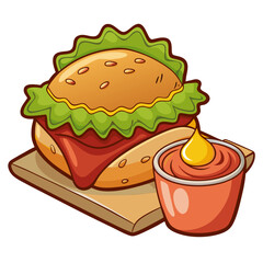 Cartoon hamburger with sauce illustration on wooden board