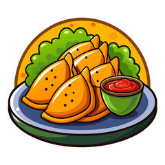 Cartoon samosa plate with tomato sauce and lettuce