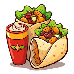 Delicious cartoon burritos with sauce for lunch or dinner