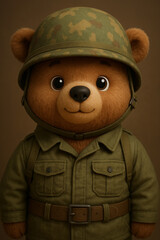 Adorable cartoon teddy bear dressed as a soldier, wearing an olive green military uniform and camo helmet. The bear stands proudly with a friendly smile, set against a neutral brown background