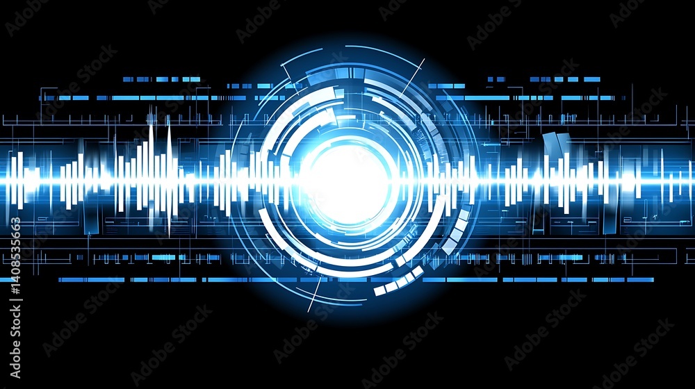 Poster dynamic digital soundwave visualization with glowing core futuristic feel