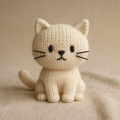 Cute handmade knitted cat plush toy in cream yarn, featuring simple black eyes and stitched whiskers. Seated upright on a soft beige textile background, evoking warmth and coziness.