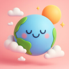 Cute 3D cartoon Earth with a smiling face and blushing cheeks, floating among clouds with a sun and stars in a pastel pink sky. A cheerful and child-friendly representation of the planet.