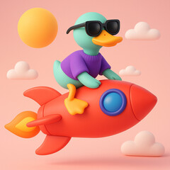 Playful 3D illustration of a cool duck wearing sunglasses and a purple shirt, riding a red rocket through a pastel sky with fluffy clouds and a cartoon sun. Fun and whimsical concept.