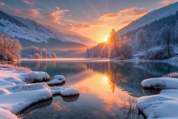 Tranquil Winter Sunrise at Lacu Rosu Lake in Romania's Breathtaking Nature Landscape