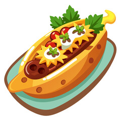 Cartoon Chili Dog Vector Illustration on Serving Plate