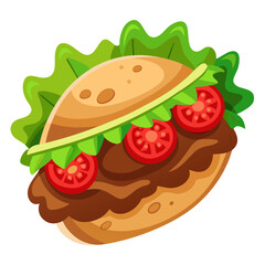 Cartoon sandwich with lettuce, tomatoes, and meat patty