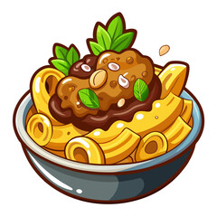Cartoon Pasta Bowl with Meatball and Mint Leaves