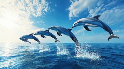 Fototapeta premium Several dolphins leaping through the air over ocean water beneath blue skies