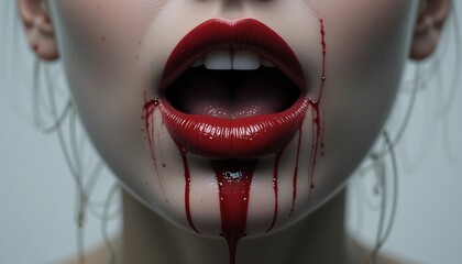 Crimson Lips: A Dramatic Close-up of Blood-Dripping Red