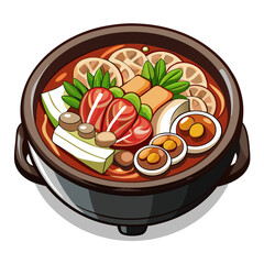 Delicious Budae Jjigae Illustration in Traditional Korean Hot Pot