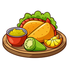 Delicious Tacos on a Wooden Plate with Guacamole