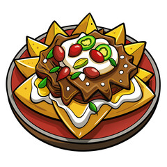 Cartoon Nachos Platter with toppings, mexican food illustration