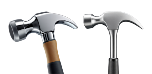 Professional Steel Claw Hammers with Dual Design, Cork and Rubber Grip Handles, Chrome Metallic Heads and Ergonomic Construction Isolated on Transparent and White Background