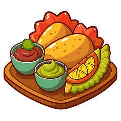 Cartoon Tacos with Sauces and Citrus on Platter