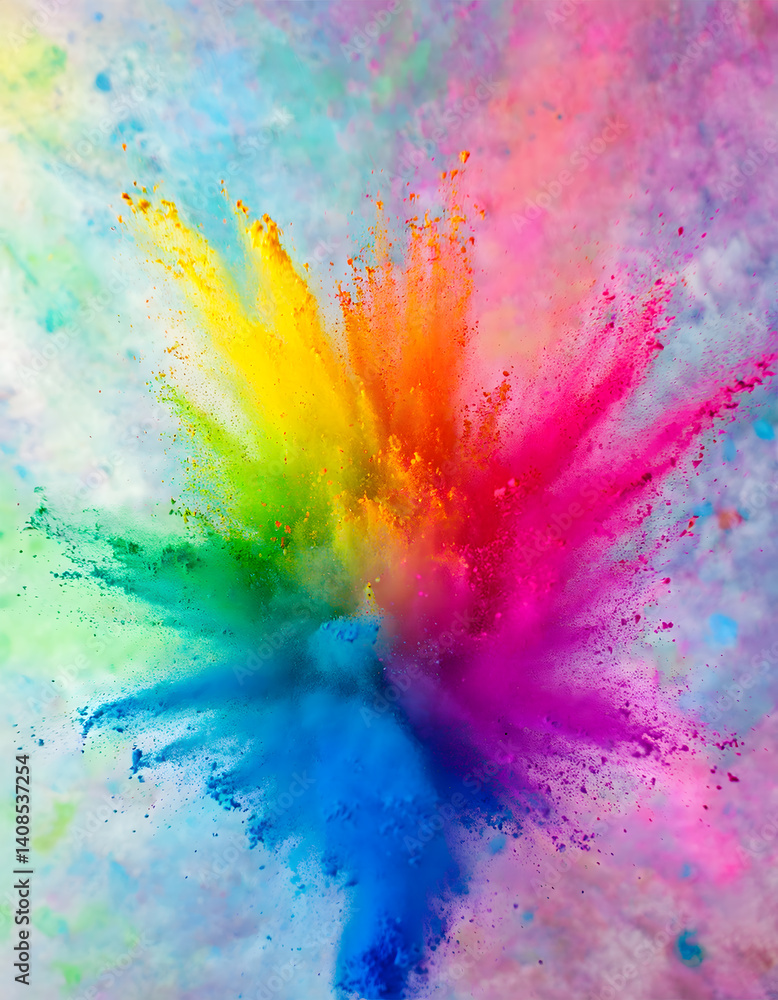 Poster a vibrant explosion of rainbow colors in a dynamic, abstract splash, creating a burst of energy and 
