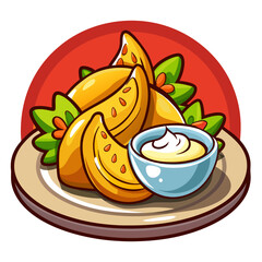 Cartoon Potato Wedges with Dip on a Plate