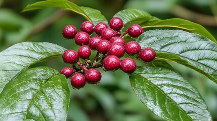 Vibrant Red Berries on Lush Green Leaves Botanical Nature