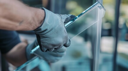 Glazier fitting custom glass panels into a storefront window frame. Featuring precision and architectural design