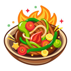 Spicy Cartoon Noodles Bowl with Flames and Vegetables
