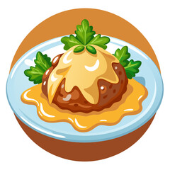 Cartoon Illustration of Meatball with Sauce and Parsley