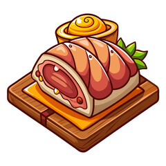 Cartoon meatloaf and dessert roll on wooden platter
