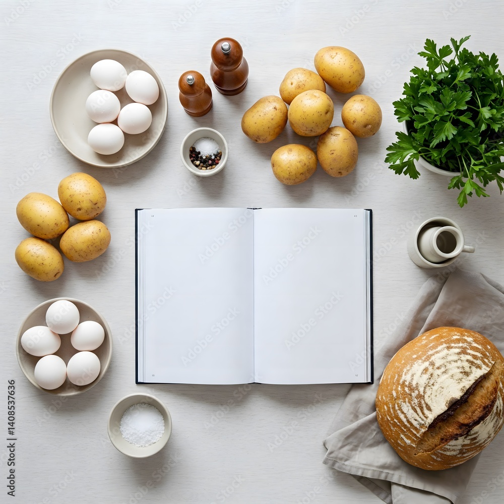 Aufkleber a top-down view of a white table with ingredients surrounding an open, blank cookbook, all neatly ar