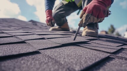 Roofer checking shingles on a roof at a construction site. Featuring care and expertise