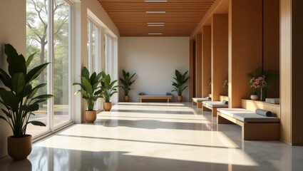 Obraz premium A modern hallway adorned with a lush green plant creating an inviting and refreshing atmosphere for a contemporary asian-inspired home decor style