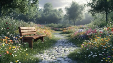 Obraz premium Serene Garden Scene with Wooden Bench Amidst Colorful Wildflowers and Stone Pathway