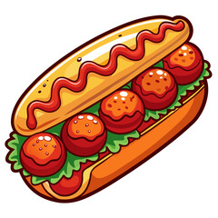 Cartoon Meatball Sub Sandwich with Lettuce and Ketchup