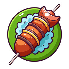 Cartoon Kebab Skewer with Sausage and Vegetables on Plate