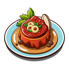 Cartoon rendition of Timpano pasta dish with sauce