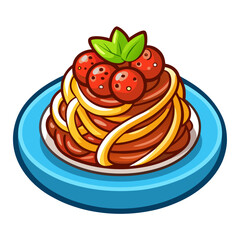 Cartoon spaghetti with meatballs and basil on plate