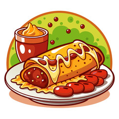 Delicious cartoon burrito with sauce and tomato illustration