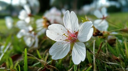 Fototapeta premium Delicate white cherry blossoms bloom in a grassy field.