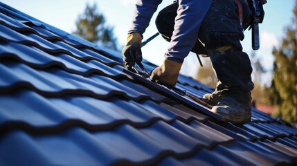 Roofer fixing roof tiles at a construction site. Featuring expertise and care