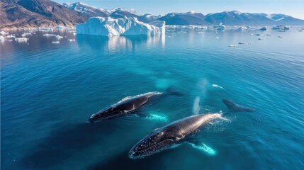 Naklejka premium Humpback whales swimming in the ocean near icebergs in greenland